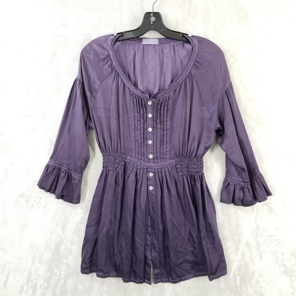 CP Shades Blouse Women Small Purple Pintuck Ruffle Sleeve Elastic Waist Shiny‎